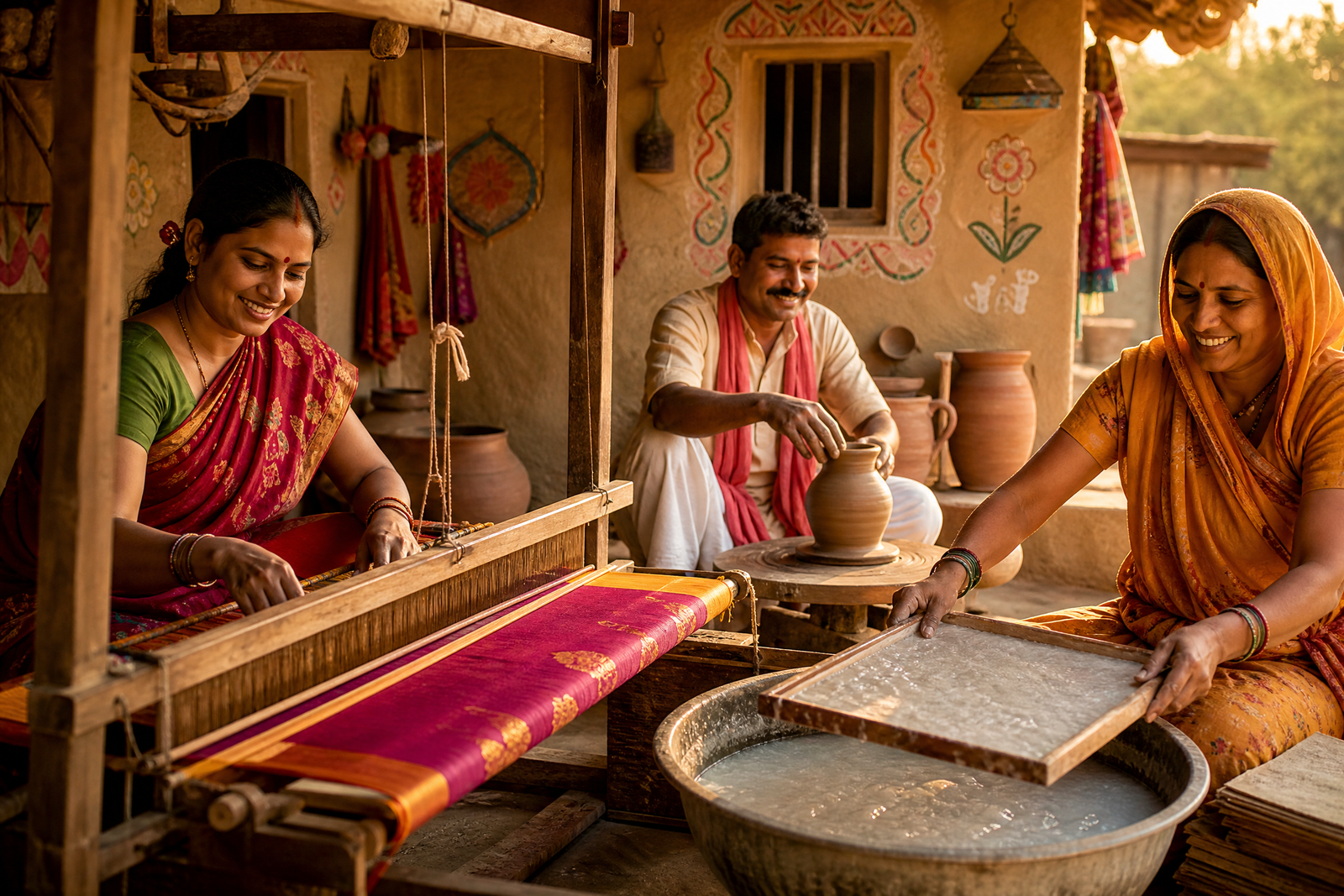 Indian village artisans making traditional products under ODOP scheme